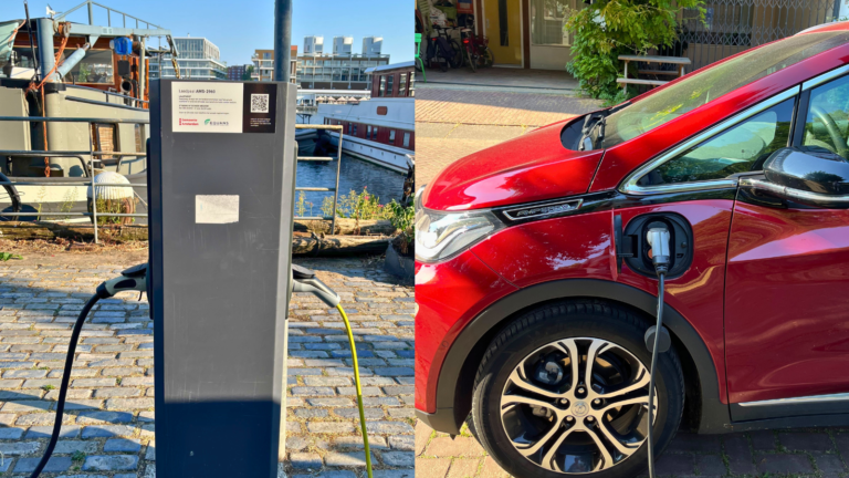 Image shows EV charging station in Amsterdam and an electric car being charged.